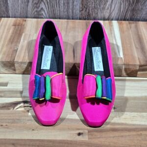 Madeline Stuart Carmen Loafers Bubble Gum Pink Rainbow Bow Flats Size 6M Fabric